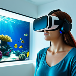 **Prompt:** A person wearing a sleek VR headset, immersed in an underwater exploration game. Sunlight filters through the virtual water, illuminating vibrant coral reefs and diverse marine life. The person is standing in a modern living room, subtly visible in the background, highlighting the contrast between the real and virtual worlds.