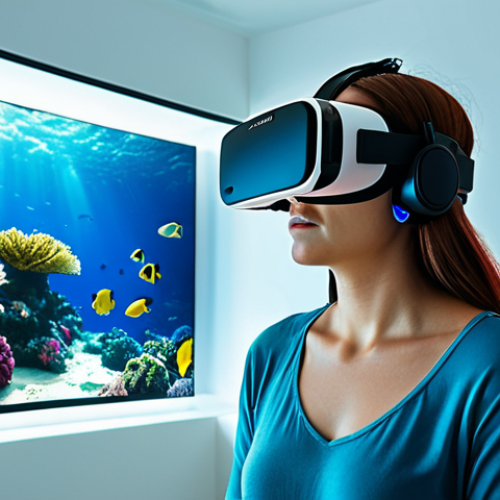 **Prompt:** A person wearing a sleek VR headset, immersed in an underwater exploration game. Sunlight filters through the virtual water, illuminating vibrant coral reefs and diverse marine life. The person is standing in a modern living room, subtly visible in the background, highlighting the contrast between the real and virtual worlds.