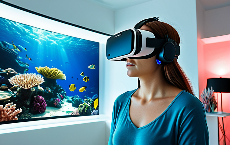 **Prompt:** A person wearing a sleek VR headset, immersed in an underwater exploration game. Sunlight filters through the virtual water, illuminating vibrant coral reefs and diverse marine life. The person is standing in a modern living room, subtly visible in the background, highlighting the contrast between the real and virtual worlds.
