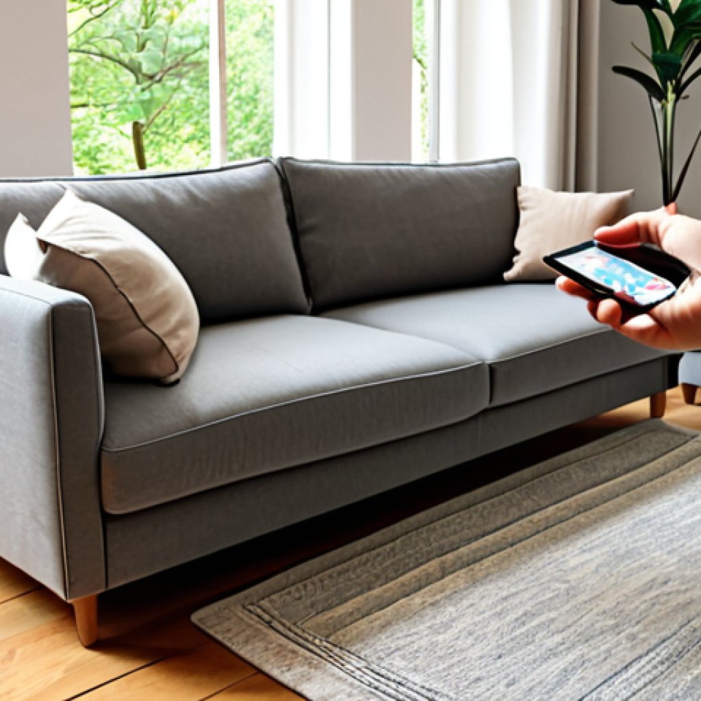 **Prompt:** A living room scene. A person is using a smartphone to virtually place a modern grey sofa in their living room using an AR app. The room has hardwood floors and a neutral color scheme. The augmented sofa appears realistic and to scale within the scene. Natural lighting filters in through a window.
