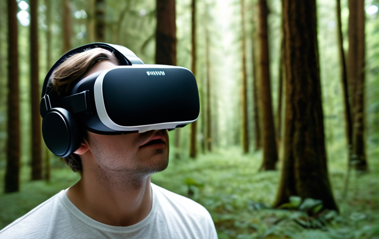 **
* **Prompt:** A person wearing a VR headset, eyes closed, seemingly immersed in the experience. High-quality headphones are clearly visible. Soft, ambient light illuminates their face, highlighting a look of awe and wonder. In the background, a faint, blurred image of a lush forest can be seen, hinting at the virtual world they're experiencing. Focus on the feeling of being completely transported by sound.
**