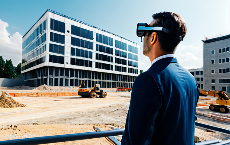 AR 콘텐츠의 사용자 인터페이스 트렌드 - **Prompt:** "An architect wearing AR glasses, viewing a holographic building design overlaid on a co...