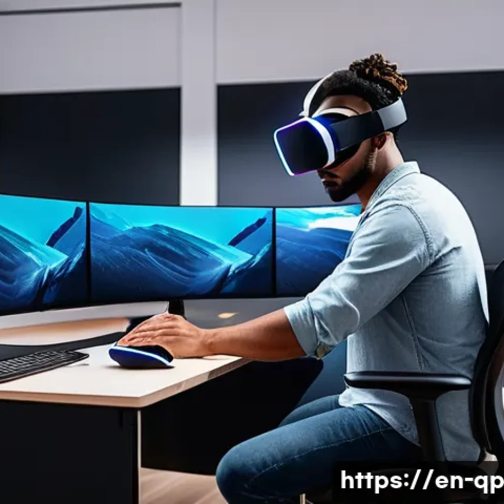 XR 콘텐츠 디자인을 위한 필수 도구 - A sleek, modern XR development studio interior featuring a developer wearing a comfortable Oculus Qu...