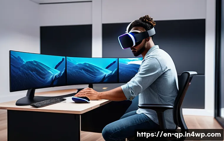 XR 콘텐츠 디자인을 위한 필수 도구 - A sleek, modern XR development studio interior featuring a developer wearing a comfortable Oculus Qu...