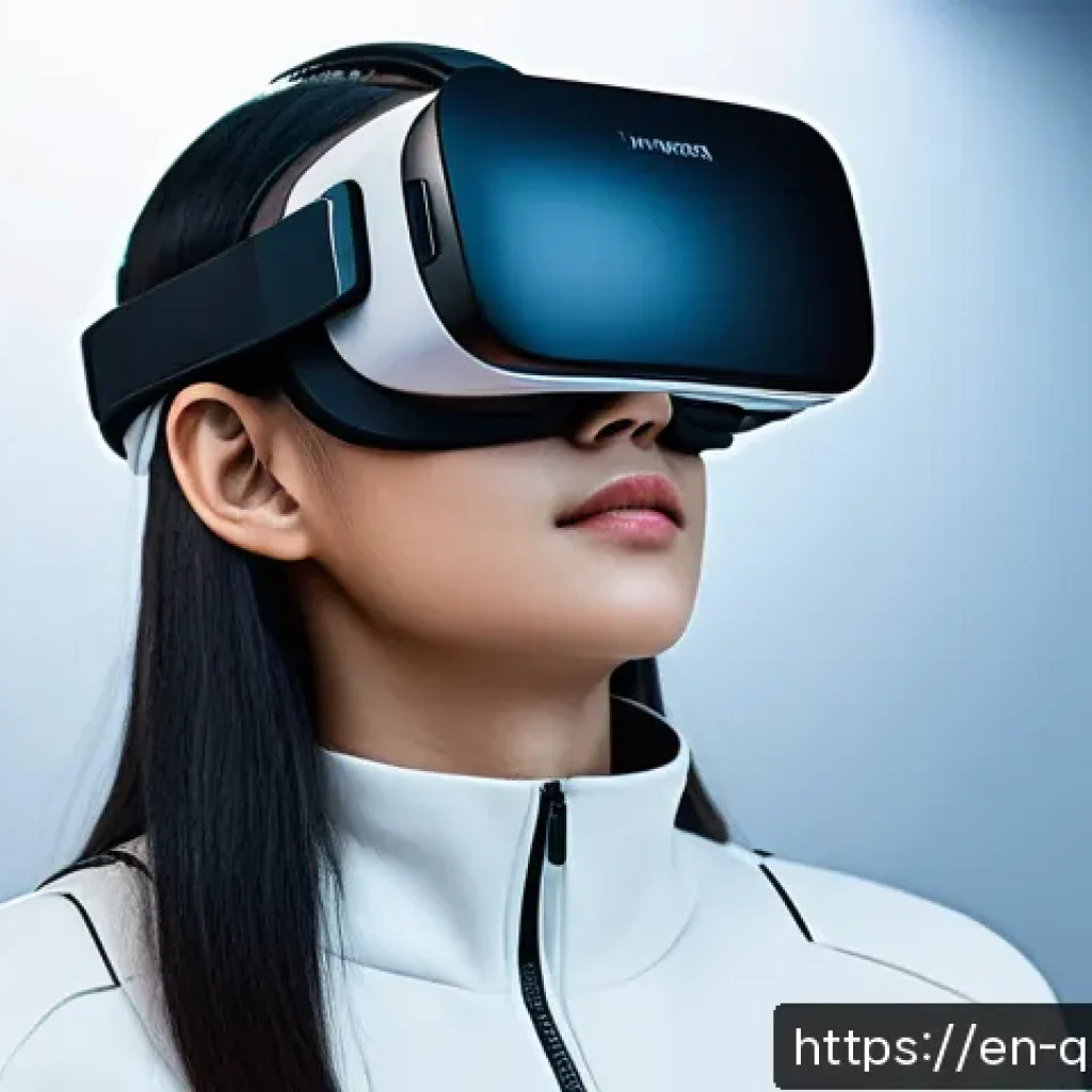 VR 콘텐츠의 디자인 트렌드와 전망 - A futuristic VR user interface scene showcasing a person wearing sleek, high-tech VR gloves with pre...