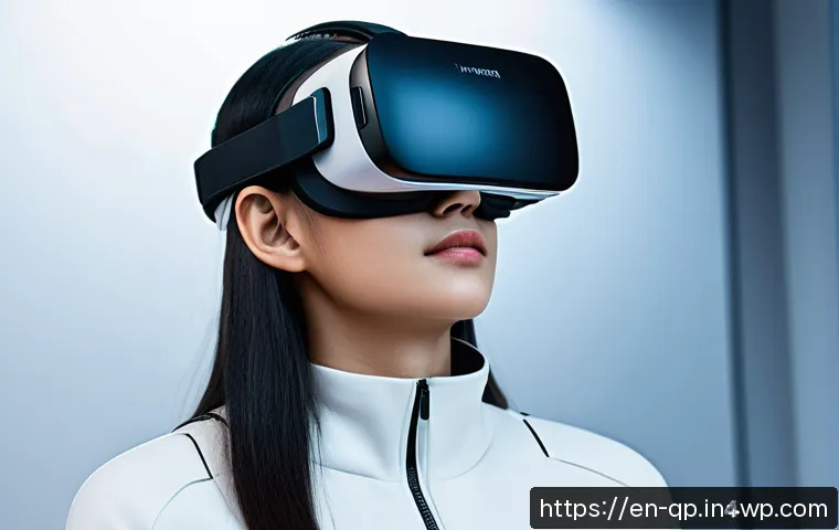 VR 콘텐츠의 디자인 트렌드와 전망 - A futuristic VR user interface scene showcasing a person wearing sleek, high-tech VR gloves with pre...