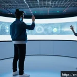 Home 21 상호작용 디자인의 원칙을 XR에 적용하기 - A futuristic XR user interface scene showing a diverse group of people interacting with virtual obje...