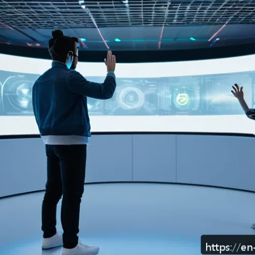 Home 33 상호작용 디자인의 원칙을 XR에 적용하기 - A futuristic XR user interface scene showing a diverse group of people interacting with virtual obje...