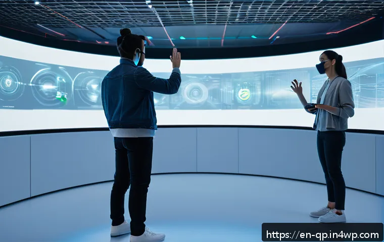 상호작용 디자인의 원칙을 XR에 적용하기 - A futuristic XR user interface scene showing a diverse group of people interacting with virtual obje...