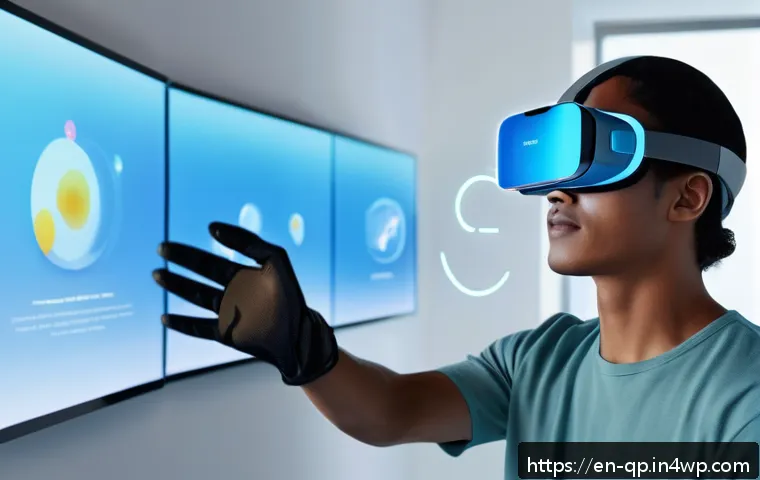 XR 콘텐츠의 상호작용 디자인 원칙 이해하기 - A futuristic XR user interface scene showing a person wearing a comfortable, sleek XR headset and li...
