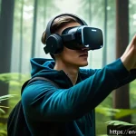 Home 19 VR 게임에서의 사용자 인터페이스 디자인 연구 - A futuristic VR gaming scene showing a player wearing a lightweight, ergonomically designed VR contr...