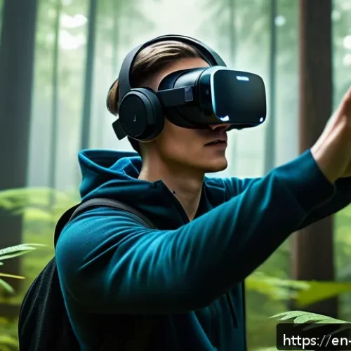 Home 31 VR 게임에서의 사용자 인터페이스 디자인 연구 - A futuristic VR gaming scene showing a player wearing a lightweight, ergonomically designed VR contr...
