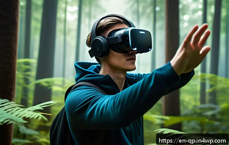 VR 게임에서의 사용자 인터페이스 디자인 연구 - A futuristic VR gaming scene showing a player wearing a lightweight, ergonomically designed VR contr...