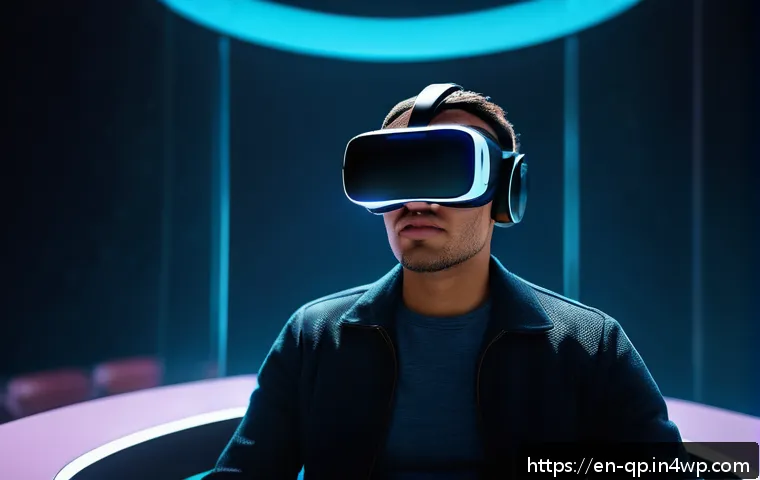 XR 콘텐츠의 상호작용 디자인에서의 시나리오 기법 - A futuristic virtual reality storytelling scene depicting an emotional roller coaster: a user wearin...