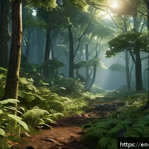 Home 17 VR 경험에서의 스토리텔링 기법 - A richly detailed VR forest environment at dusk, featuring dynamic weather changes with gentle rain ...