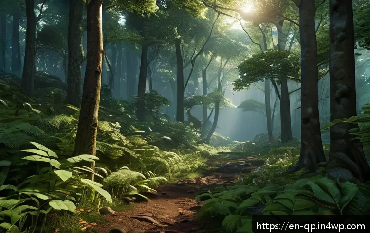 VR 경험에서의 스토리텔링 기법 - A richly detailed VR forest environment at dusk, featuring dynamic weather changes with gentle rain ...