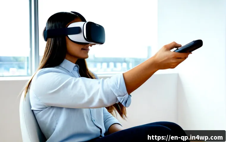 Home 17 VR 체험의 상호작용 최적화를 위한 전략 - Photorealistic modern virtual reality usability testing session, diverse adult woman wearing a sleek...