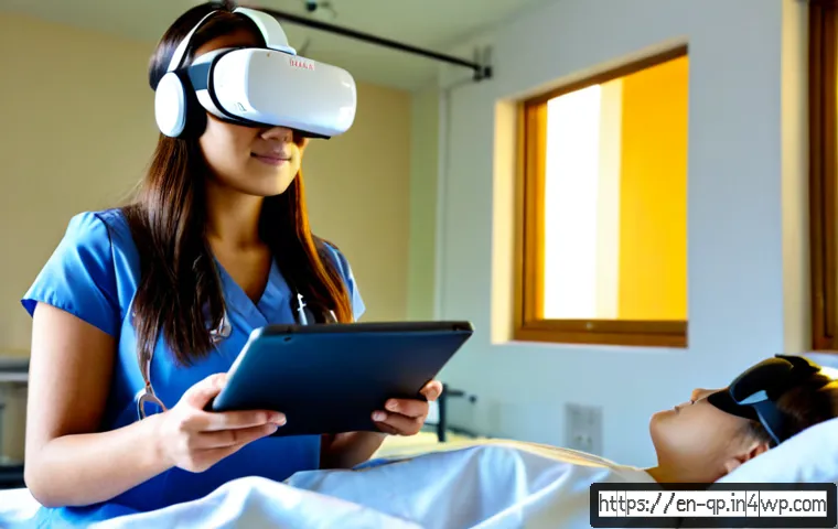 VR 시뮬레이션의 교육적 효과 분석 - Photorealistic university nursing student wearing a modern virtual reality headset and holding two c...